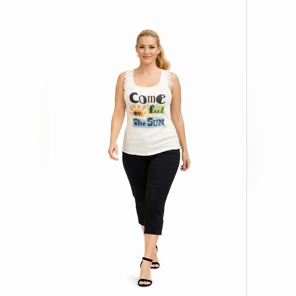 OP XL cream “come feel the sun” graphic tank crochet straps boho summer